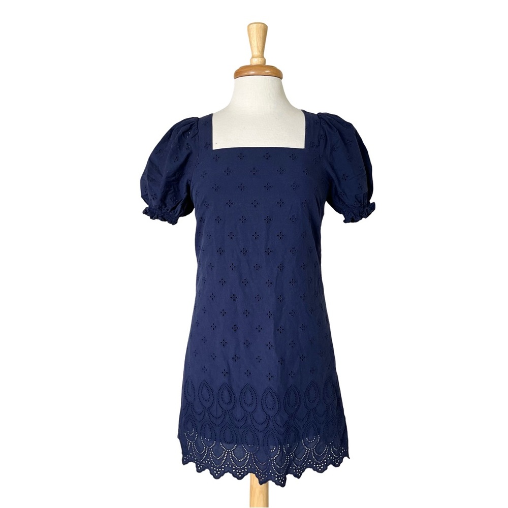 Navy Blue Eyelet Contemporary Southern Style Cotton Dress w/ Puffy Short Sleeves